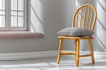 Yellow Wooden Chair with Black and White Pillow in Bright Room