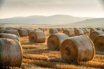 Obraz premium Golden hay bales in a rural landscape at sunset