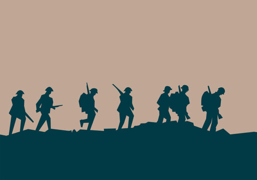 A silhouette vector of armed soldiers walking in formation on a battlefield.This flat war illustration is ideal for military-themed content, documentaries, posters, and historical warfare graphics