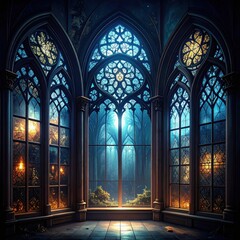A mystical Gothic-style room with tall stained glass windows reveals an enchanting, moonlit forest outside.