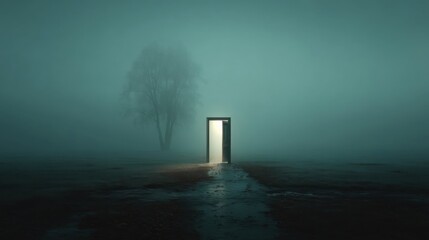 A glowing open door stands alone in a foggy, desolate field with a faint tree silhouette in the background — a surreal metaphor for hidden transition, opportunity, or inner passage.