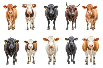 Various breeds of Dutch cattle displayed against a white background showcasing the diversity in cow beef agriculture in the Netherlands