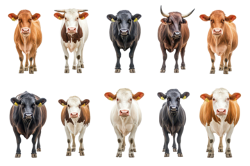 Various breeds of Dutch cattle displayed against a white background showcasing the diversity in cow beef agriculture in the Netherlands