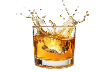 Golden whisky rum splash captures the dynamic moment of liquid artistry in a glass, showcasing the refreshing movement of spirits isolated on a transparent background