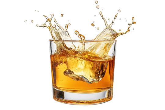 Golden whisky rum splash captures the dynamic moment of liquid artistry in a glass, showcasing the refreshing movement of spirits isolated on a transparent background