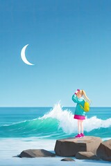 Young Girl Watching Ocean Waves Under Crescent Moon