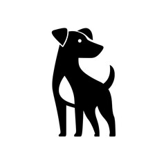 Standing dog icon in side view with upright tail and alert posture in black silhouette style