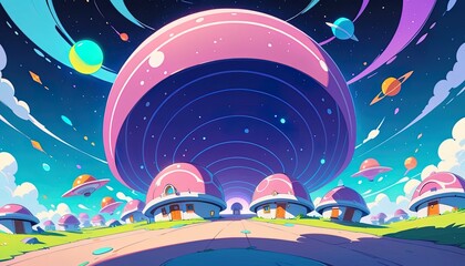 Colorful, mushroom-shaped homes in a vibrant, otherworldly landscape.