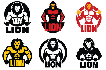 Six muscular lion fitness logos designs