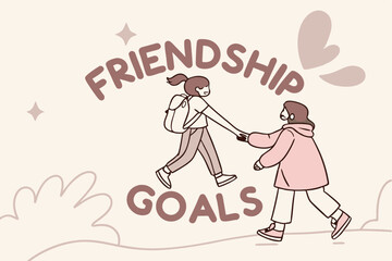 Minimalist doodle friends holding hands bubbly design