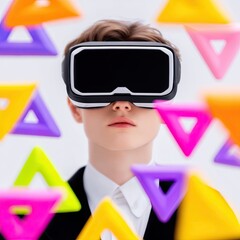 Young Person Wearing a VR Headset Surrounded by Colorful Triangles