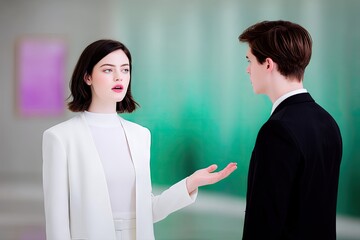 Young Woman and Man in Formal Attire Engaging in Serious Conversation Against Teal Background