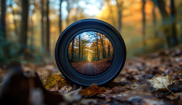 Autumnal forest path seen through a lens