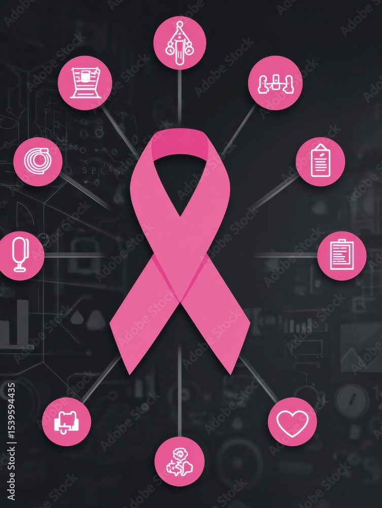 Poster Awareness Chart Featuring Pink Ribbon With Support Icons Representing Various Cancer-Related Initiatives and Resources in a Modern Design