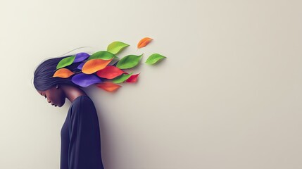 Young Woman with Colorful Leaves Flowing from Her Hair