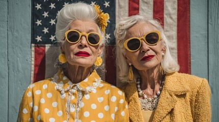 Happy two elderly pensioner women with an American flag on the Independence Day holidays of the United States of America. High quality