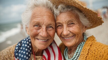 Happy two elderly pensioner women with an American flag on the Independence Day holidays of the United States of America. High quality