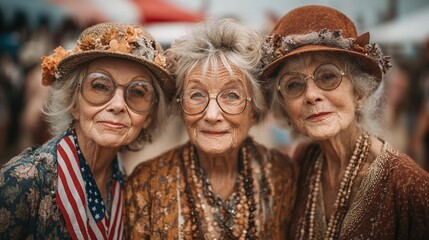 Happy two elderly pensioner women with an American flag on the Independence Day holidays of the United States of America. High quality