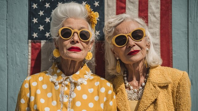 Happy two elderly pensioner women with an American flag on the Independence Day holidays of the United States of America. High quality