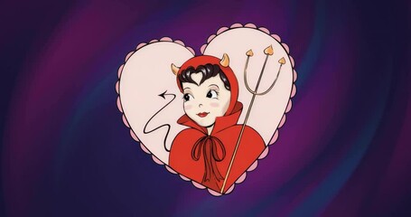 After frame loading, animated devil opening eyes and glancing right inside swirling gradient heart - Powered by Adobe