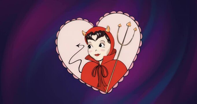 After frame loading, animated devil opening eyes and glancing right inside swirling gradient heart