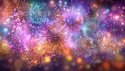 Abstract new year background with colorful fireworks and christmas lights. Vector festive illustration. High quality