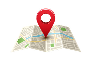 Paper city map folded, red location pin marking destination on clear background, symbolizing travel navigation