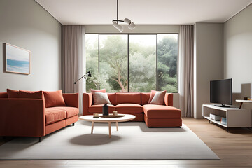 Fototapeta premium 3D rendering.Front view sofa and plant in a living room on colour background.