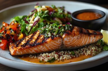 Grilled salmon fillet with quinoa, vegetables, and a vibrant sauce