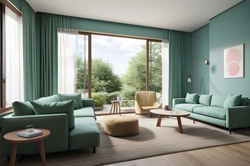 3D rendering.Front view sofa and plant in a living room on colour background.