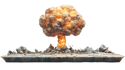 Nuclear explosion mushroom cloud atomic bomb detonation fireball radiation destruction apocalypse war 3d render transparent background png