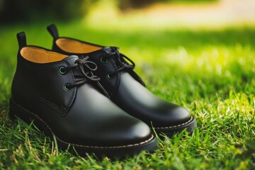 Elegant black leather shoes for students, photographed in natural light on grass, high-end minimalist branding style