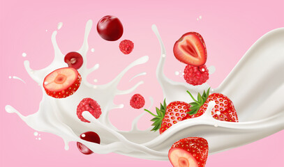 Milk liquid with Mixed berry splashing isolated on solid color background. Realistic vector in 3D elements. Food and Drink concepts.