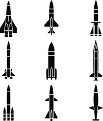 Silhouetted Rockets and Missiles Ascending into the Sky An Assortment of Aerospace Weaponry and Spacefaring Technology Represented