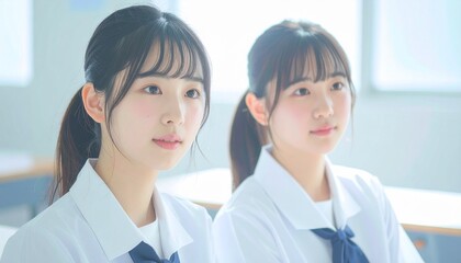 Fototapeta premium Friendship and growth: two Japanese teens in uniform