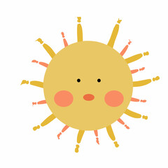 Cute Sun with Face &ndash; Flat Cartoon Vector Illustration. Ideal for children&rsquo;s books, educational graphics, nursery decor, and weather-themed designs. Bright and friendly design element in flat style