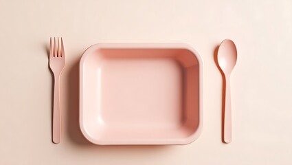 Pink tableware set flat lay food photography kitchen utensils and plate