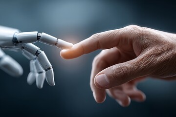 Cyborg hand extends towards human finger, bridging the gap between technology and humanity with digital energy flowing in dark blue backdrop
