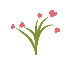 Cute flat vector illustration of a flower with pink heart-shaped petals and green stems. Perfect for romantic designs, love-themed graphics, greeting cards, and playful botanical concepts