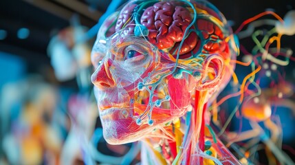 Fototapeta premium Anatomical model showcasing human brain and nerves in vibrant colors. A detailed study of the human body. Perfect for educational purposes and artistic inspirations. Generative AI