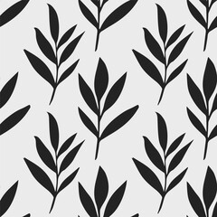 Flowers seamless pattern with wild black botanical leaves on a white background. Hand drawn brush painting plant illustration. Nature botanical endless background.