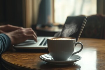 Coffee cup on a wooden table with a person concentrating on their laptop in a cozy cafe setting during the day