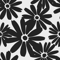 Flowers seamless pattern with wild floral white ink leaves on a black background. Hand drawn brush painting plant illustration. Nature botanical endless background.
