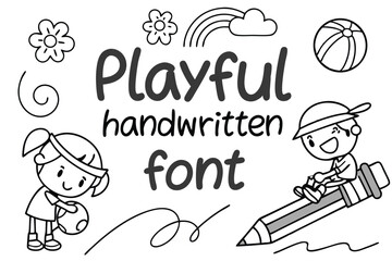 Playful handwritten font with smiling cartoon friends