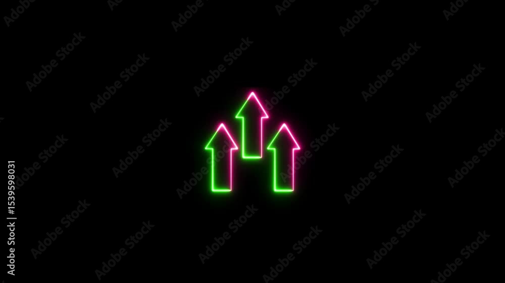 Poster glowing neon line up direction arrow icon animation featuring a glowing arrows pointing upwards, pul