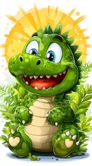 Adorable Green Baby Dinosaur Cartoon Illustration