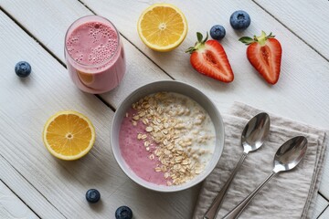 Bright morning breakfast with yogurt, fruit, and smoothie on a rustic wooden table