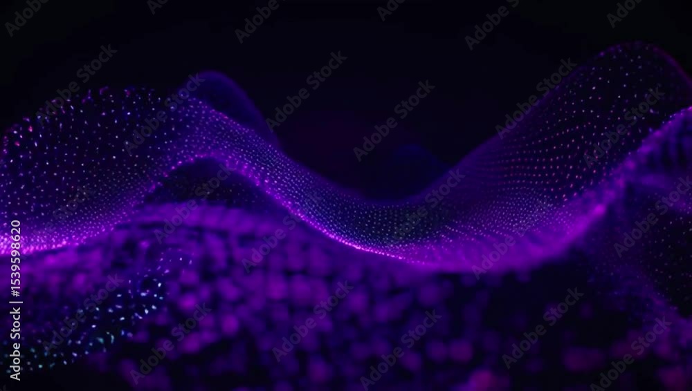 Poster abstract wavy purple mesh with small dots on a dark background in a digital rendering style