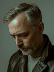 Middle-aged man in a contemplative moment wearing a leather jacket against a gentle backdrop of muted colors