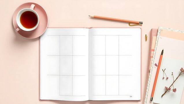 Pink planner with tea cup flat lay for organization and productivity